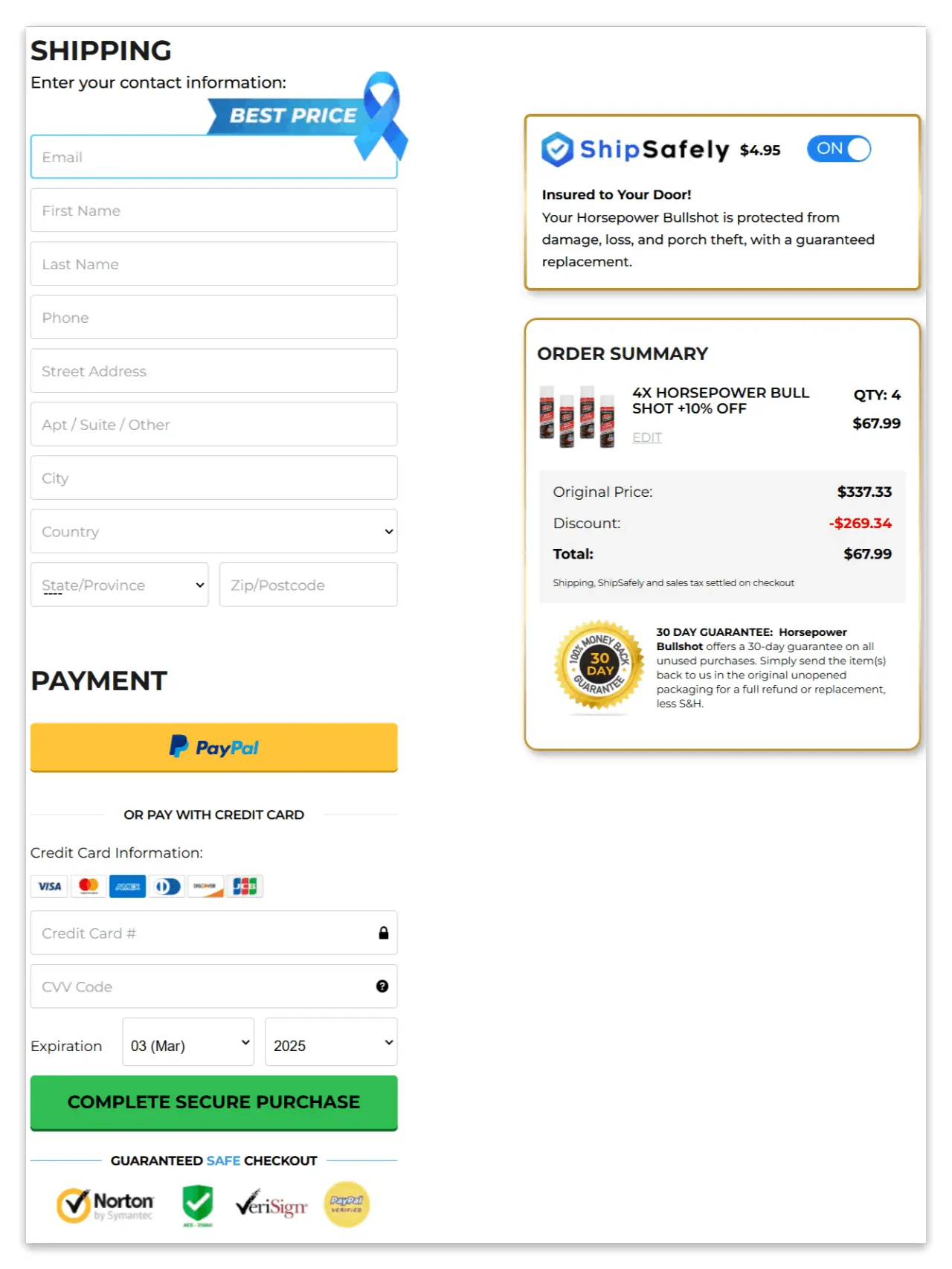 Bullshot secure checkout page